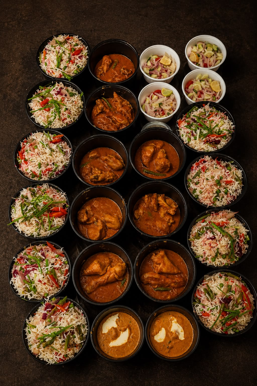 Bulk party order spread — biryani, curries and salads