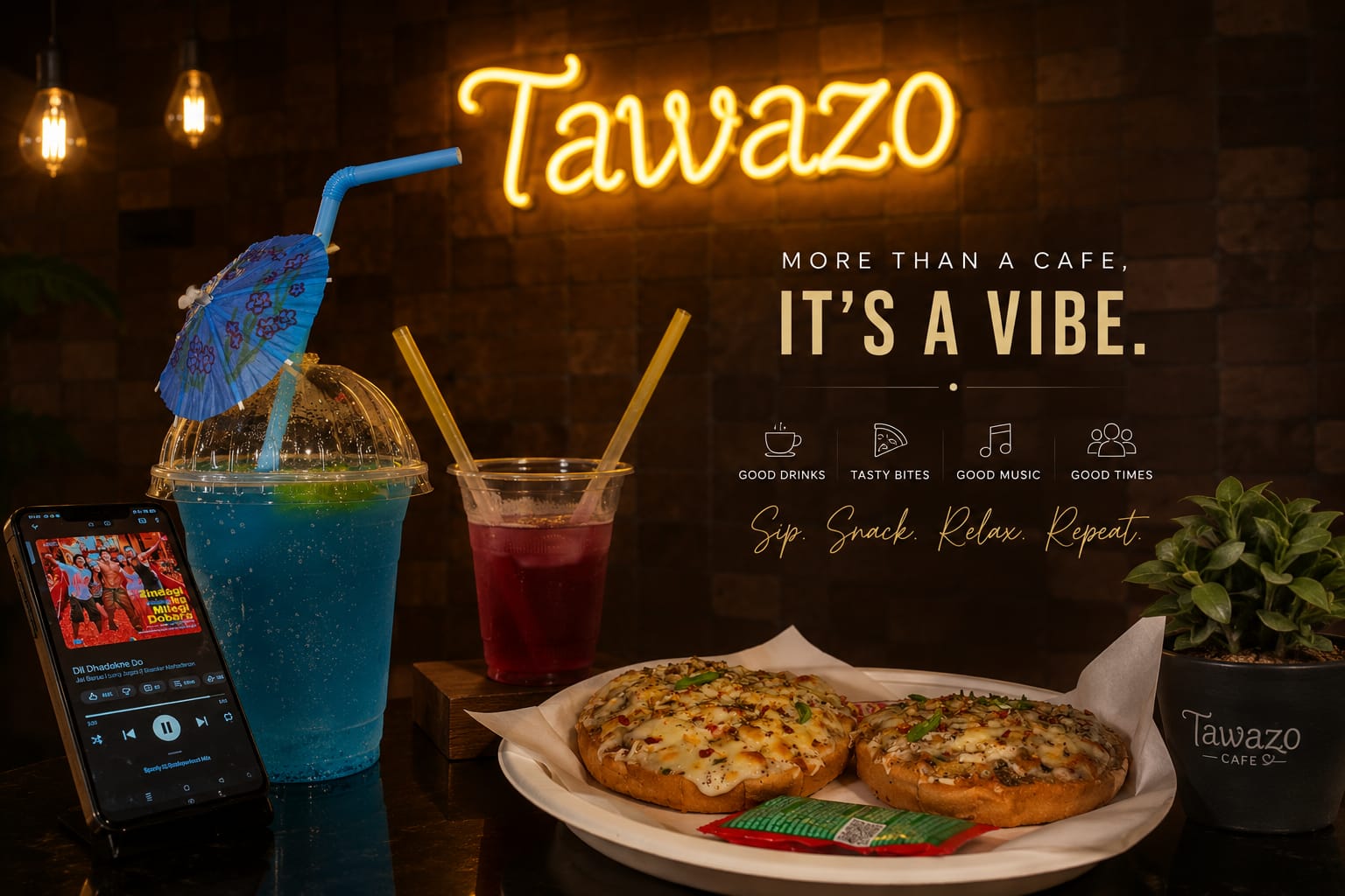 Inside Tawazo café with neon sign