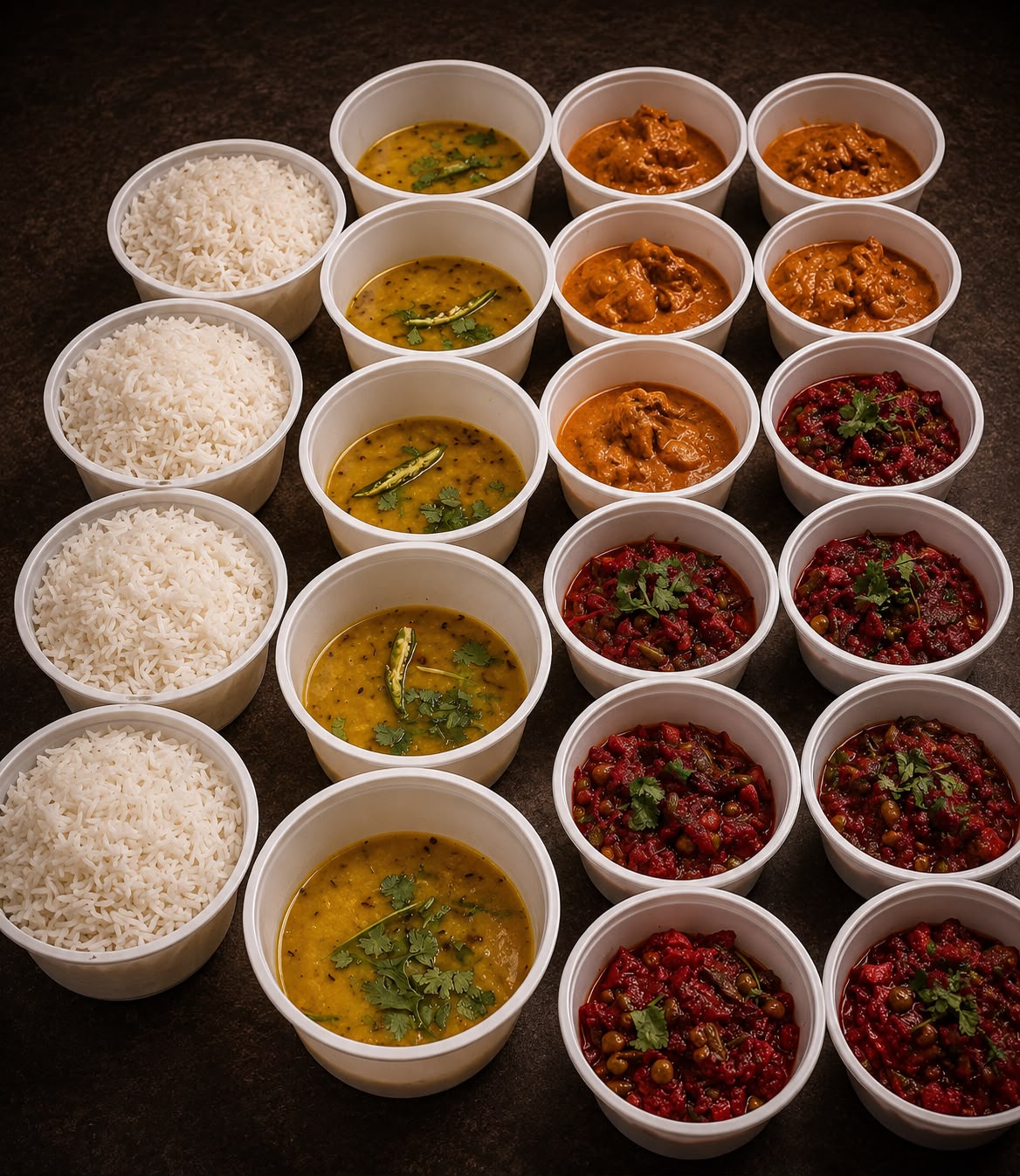 Homestyle thali spread — rice, dal, curries and sabzi