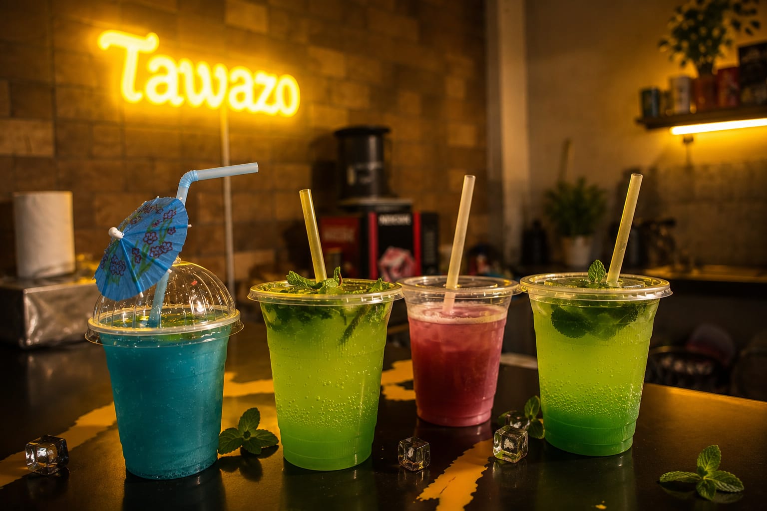 Tawazo café drink with neon sign